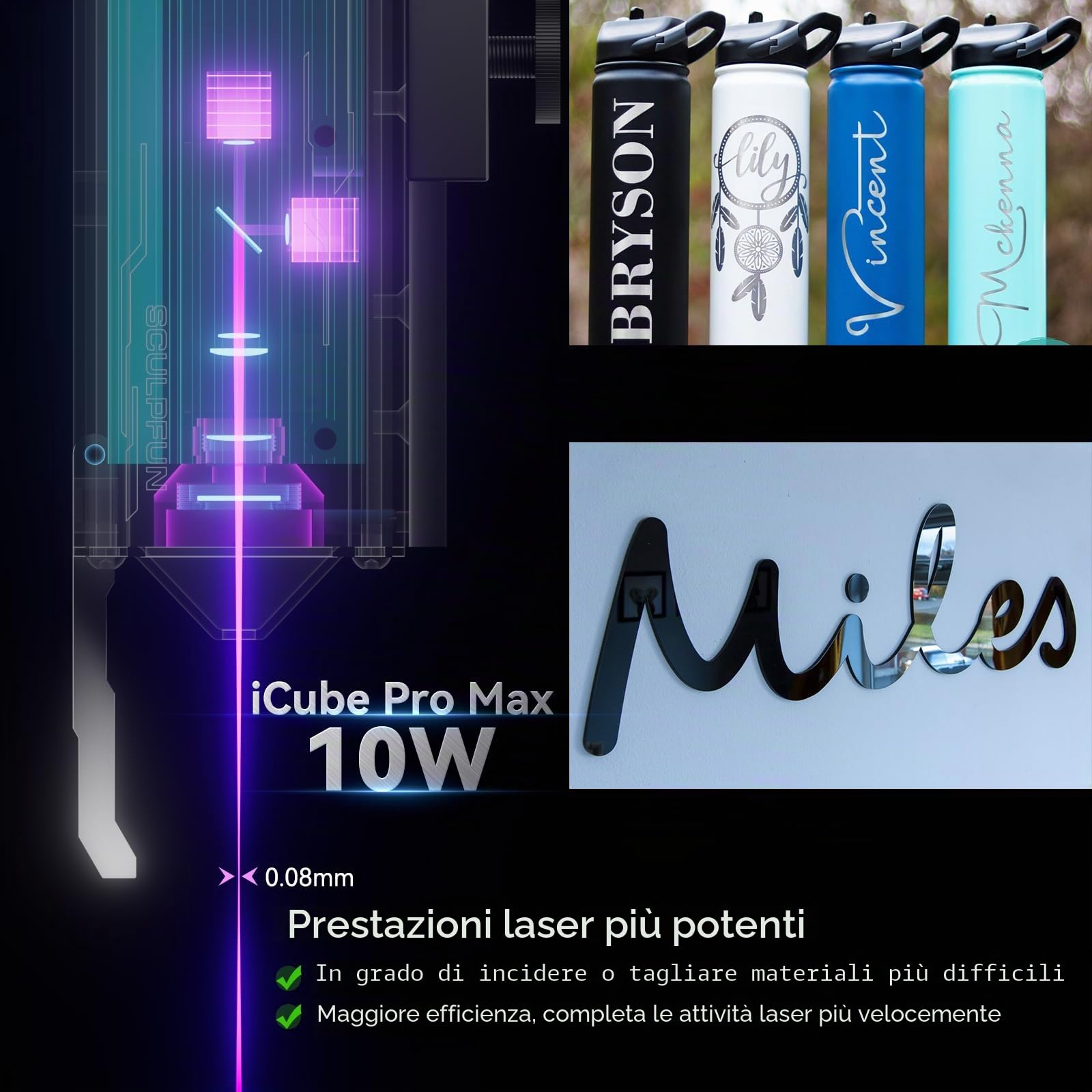 SCULPFUN iCube Pro Max incisore taglierina laser con Air Assist, Honeycomb, filtro per fumo, macchina per incisione laser portatile da 10 W, 0,08 mm, incisione laser laser per legno, carta, plastica