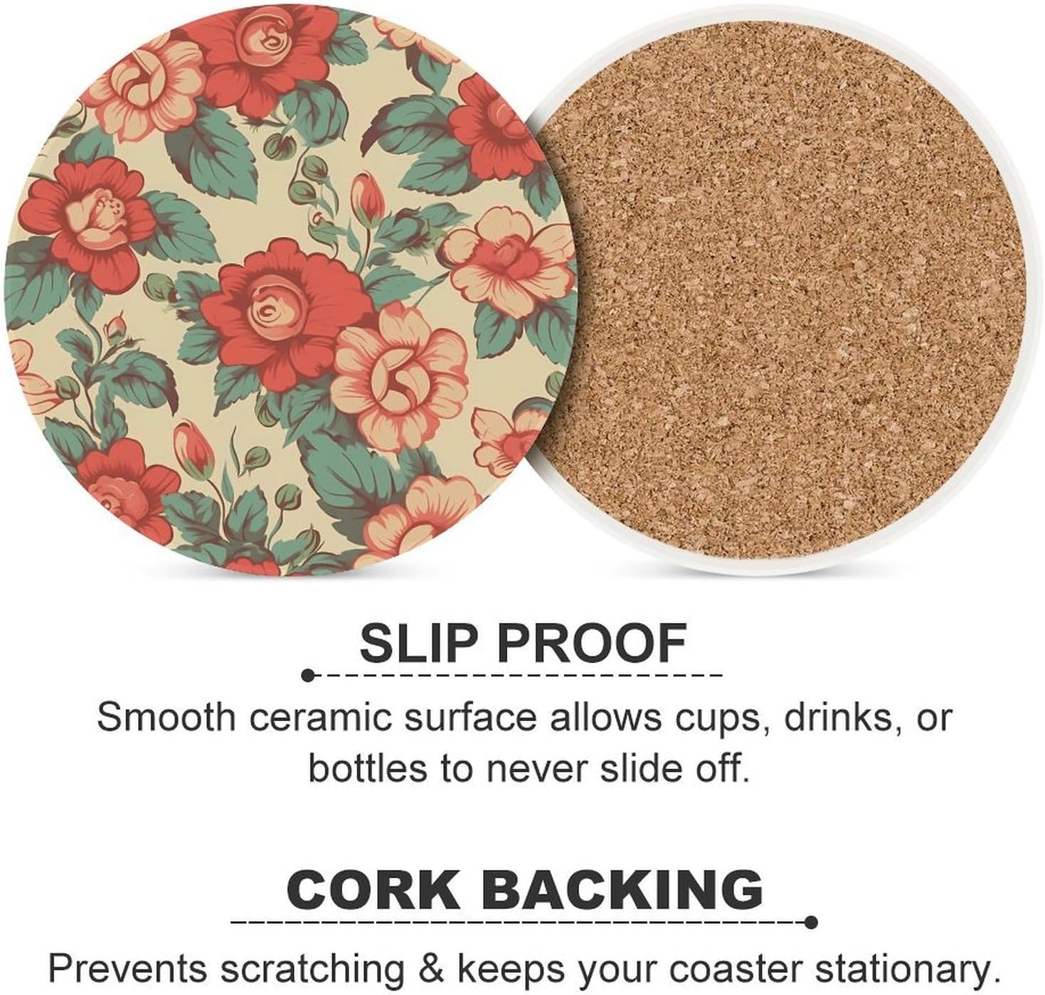 6PCS Retro Flower Coasters Non-Slip Round Drink Coasters with Ceramic Stone and Cork Base, Heat Resistant Absorbent 33.00Stone Coaster Set for Kinds of Mugs and Cups, 4 Inch