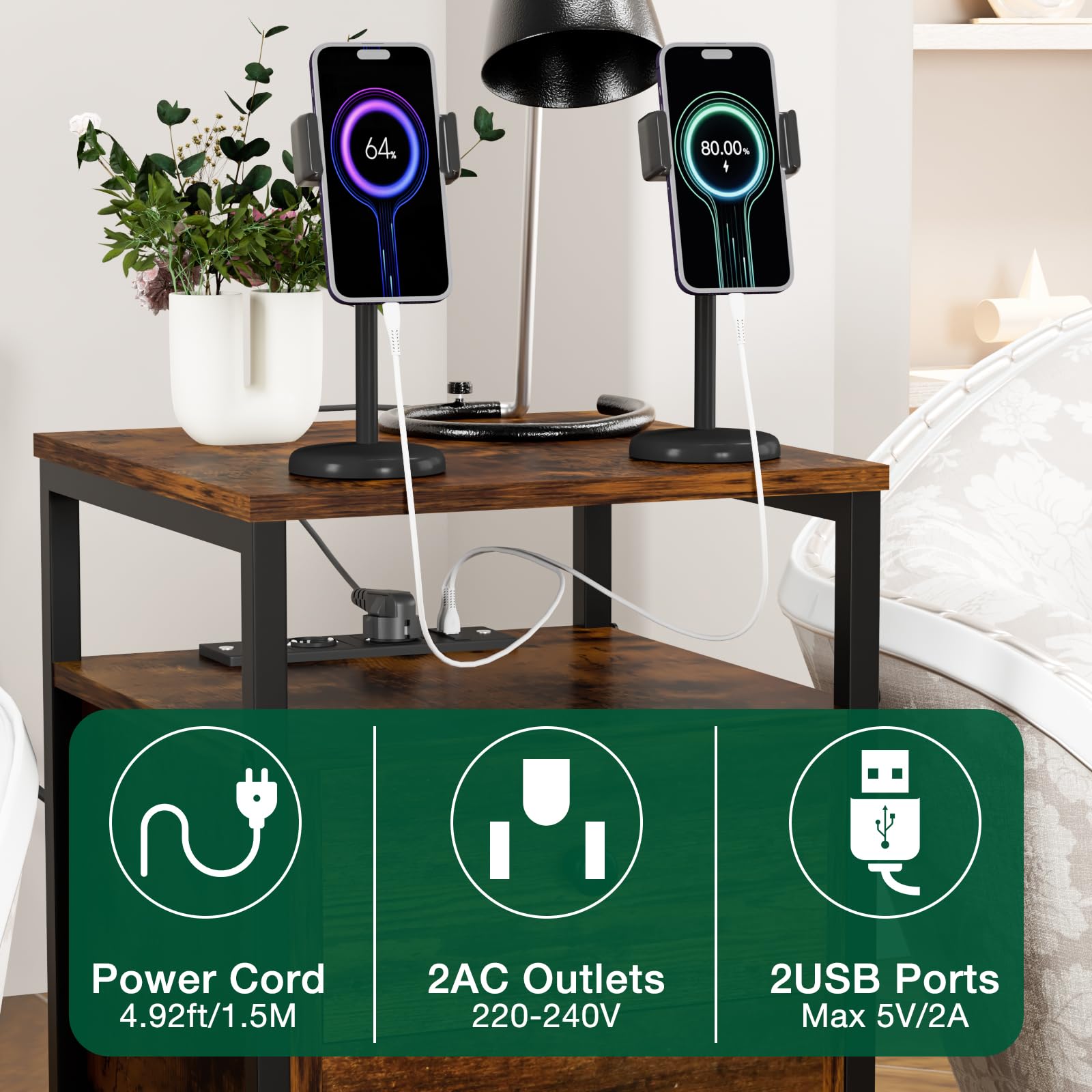GYMAX Comodino Con Presa Di Corrente E Porte USB, 2 Cassetti E Tasche Laterali, Stile Industriale, Per Camera Da Letto E Soggiorno - Rustico E Nero