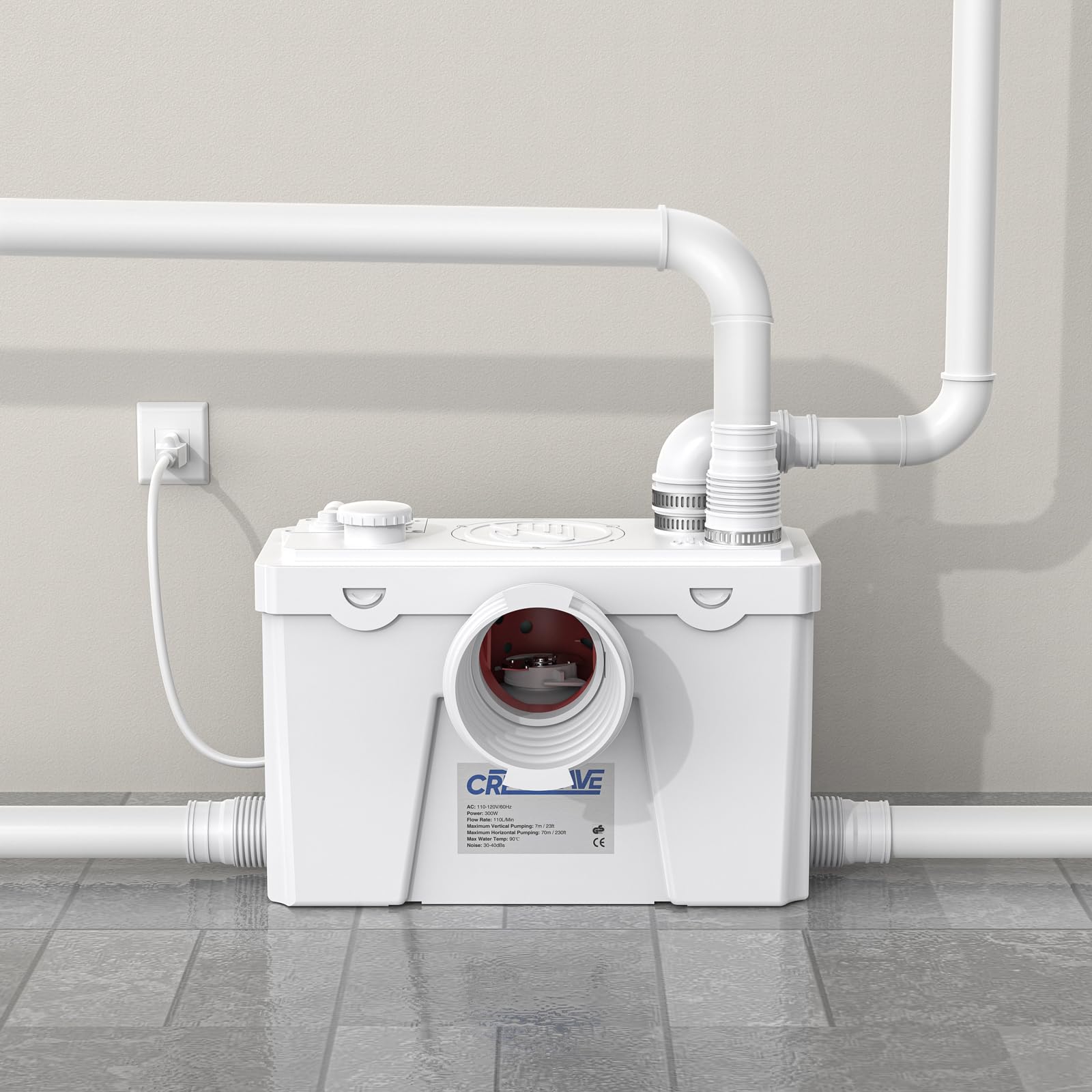 CrestWave - Bomba maceradora de 500 W, sistema de descarga de alta resistencia con 4 entradas de agua, flujo de 20 L/M, perfecta para fregadero, inodoro, cocina, ducha, tina, lavandería, aguas