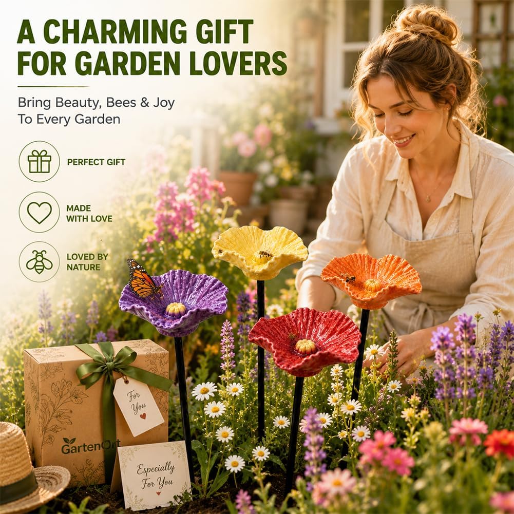 2026 Blumen Bienentränke 4er Set – Handgemachte Wetterfest, Blumenförmige Bienentränke für den Garten, Dekorative Bienenwassertränke mit Metallstab – Lockt Bienen, Schmetterlinge & Nützlinge an (4Pc)