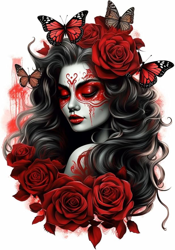 DIY 5D Diamond Art Painting Kits for Adults Round Black and Red Sugar Skull Girl Red Rose Butterfly Full Drill Canvas Gems Cross Stitch Art Kit Painting by Diamond Mosaic Craft 30x40cm(2)