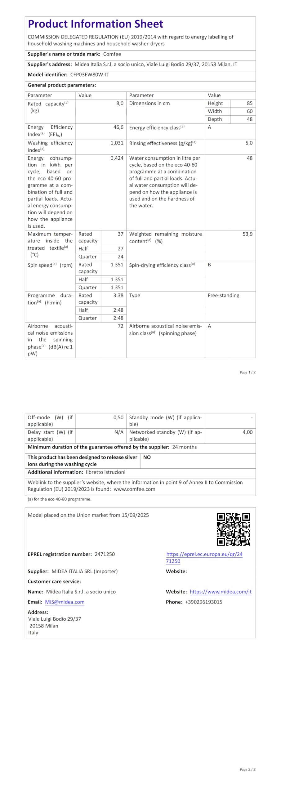 COMFEE' Lavatrice Carica Frontale 8 kg, Classe A-10%, 1400 Giri, Vapore Igienico, Motore Inverter Silenzioso, Lavaggio Rapido, Pannello touch, Wool, Bianco - CFP03EW80W-IT