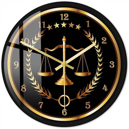Scale of Justice - Reloj redondo con marco de metal, funciona con pilas, de cuarzo, sin tictac, marco de aluminio negro, reloj de pared para