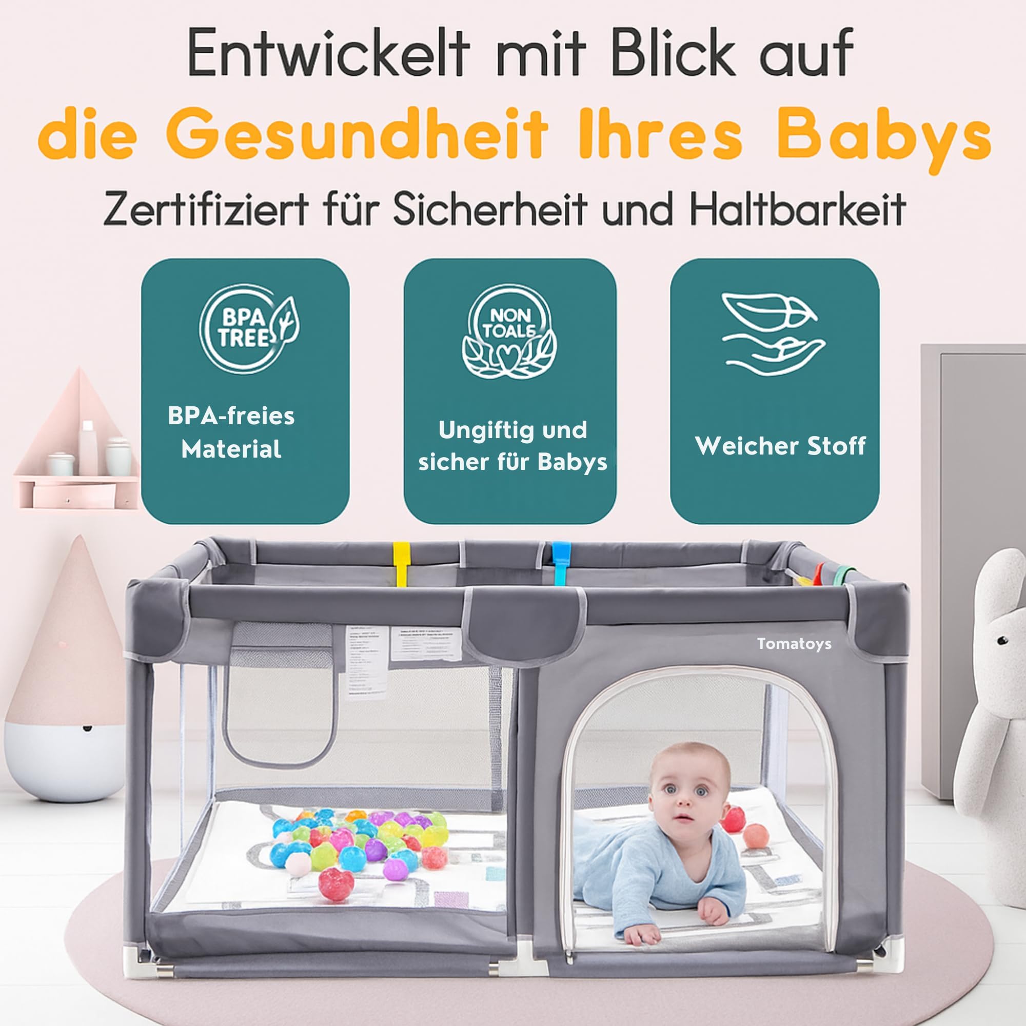 Laufstall für Babys mit Matratze, Bällebad (inkl. 50 Bällen) und 4 Haltegriffen. Laufgitter 124x124 cm mit atmungsaktivem Netz, 210D Oxford-Gewebe. Kinderlaufstall, dunkelgrau.