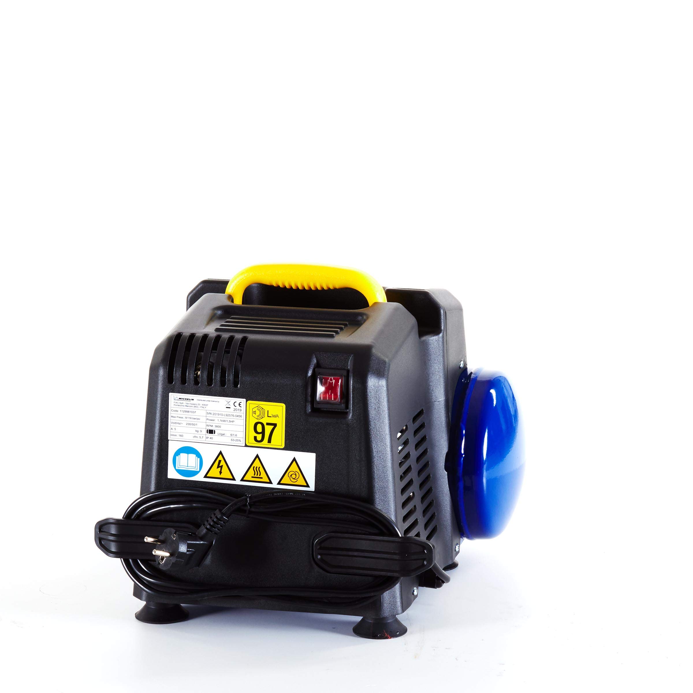 MICHELIN - Compresor de aire portátil MBL6 - Tanque de 6 litros - Sin aceite - Motor de 1,5 hp - Presión máxima 8 bar - Flujo de aire 160 l/min - 9,6 m³/h