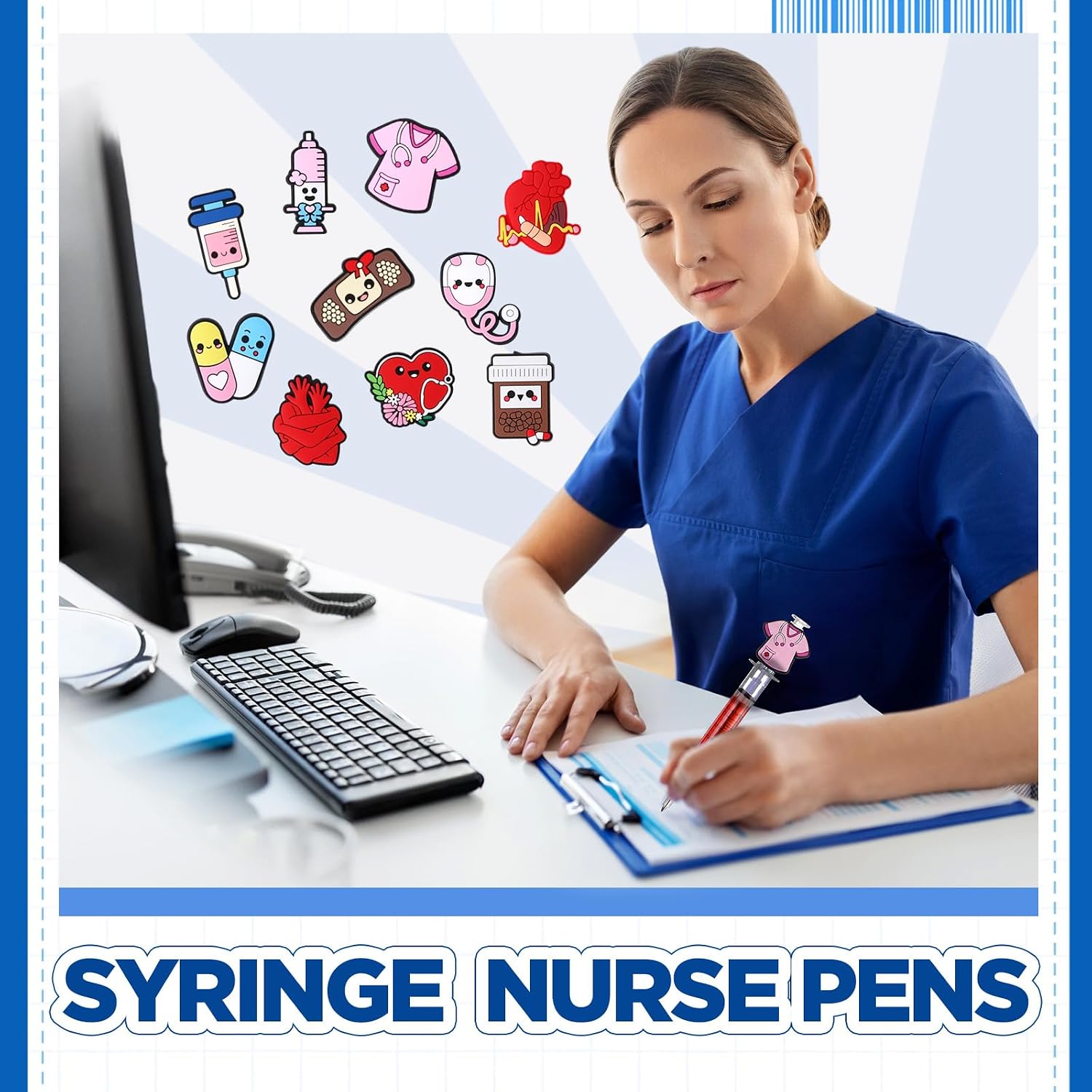 Estune 100 Pcs Cute Nurse Pens Set Bulk Include 50 DIY Nursing Silicone Accessories 50 Retractable Black Ink Syringe Pens Funny Nurses Week Gifts for Medical Assistants Doctor Office Supplies