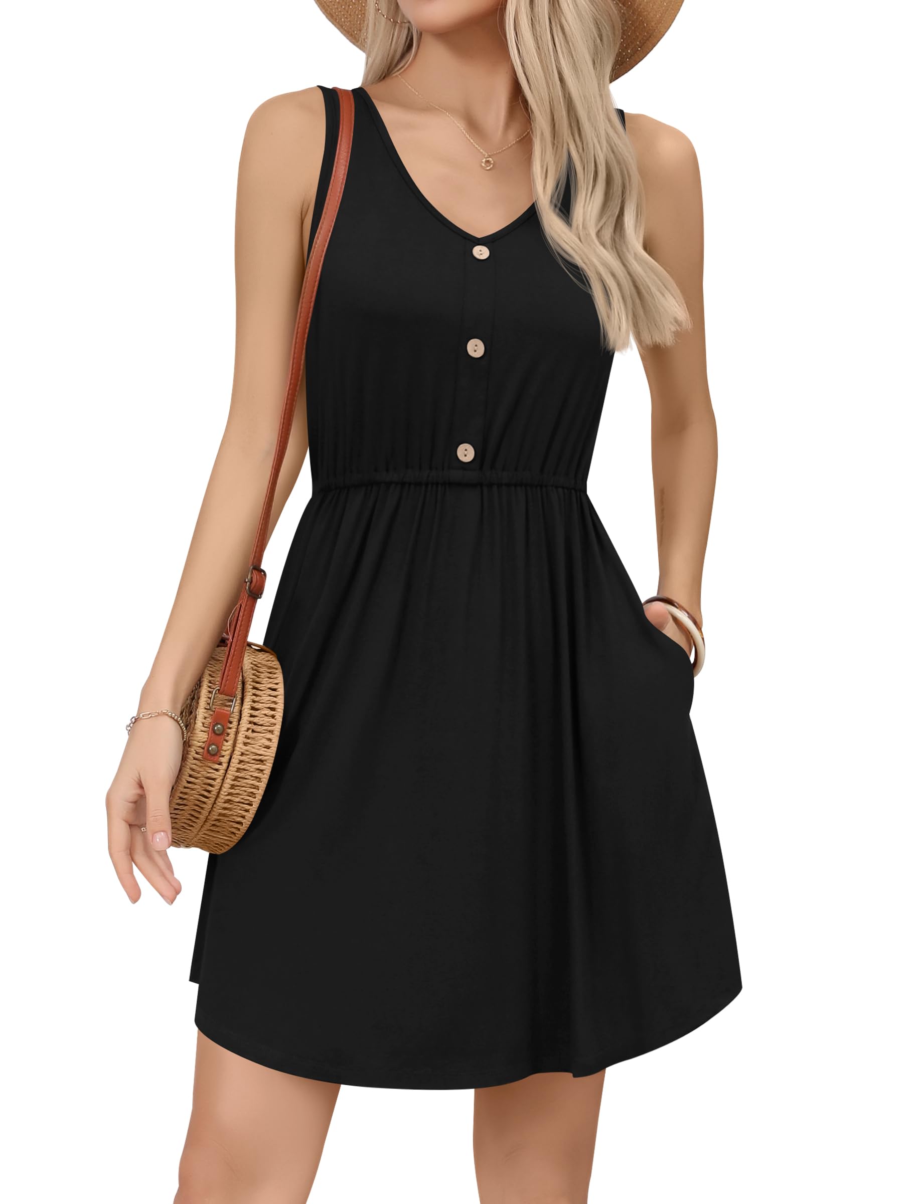 Missufe Women's Summer Dress, A-line Swing V-Neck Sleeveless Button Placket Casual Dress with Pockets - M - Black