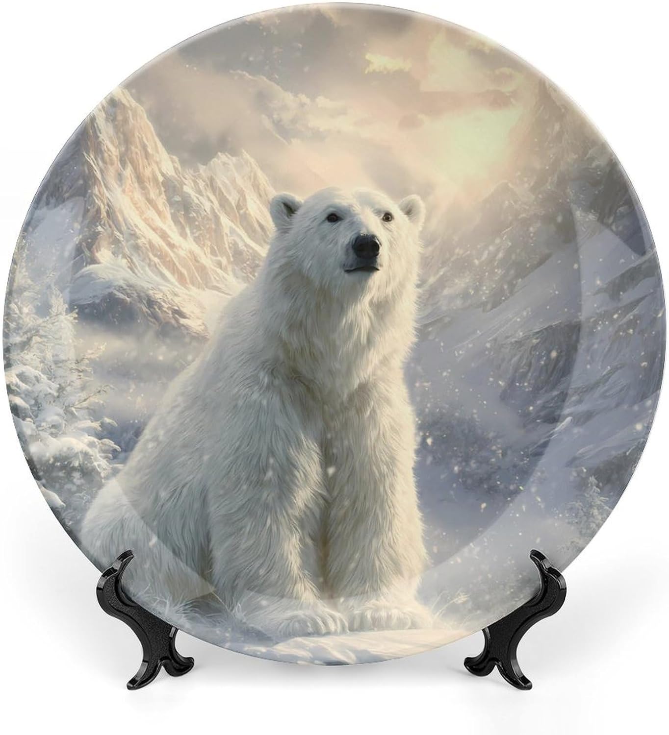 Bear in Winter Snowy Decorative Plates for Display Ceramic Plate Tray with Stand Hanger Home Decor