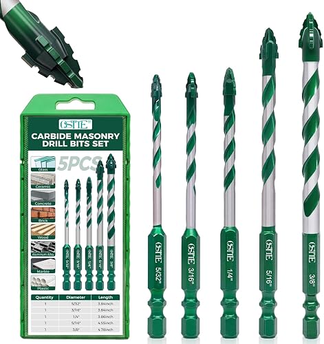 Masonry Drill Bit Set 5 Pcs(5/32"-3/8"), Masonry Drill Bits for Concrete | Four Blade Serrated Eccentric YG6T Carbide Drill Bits for Concrete, Cement, Brick, Tile, Marble, Glass, Wood, 1/4" Hex Shank