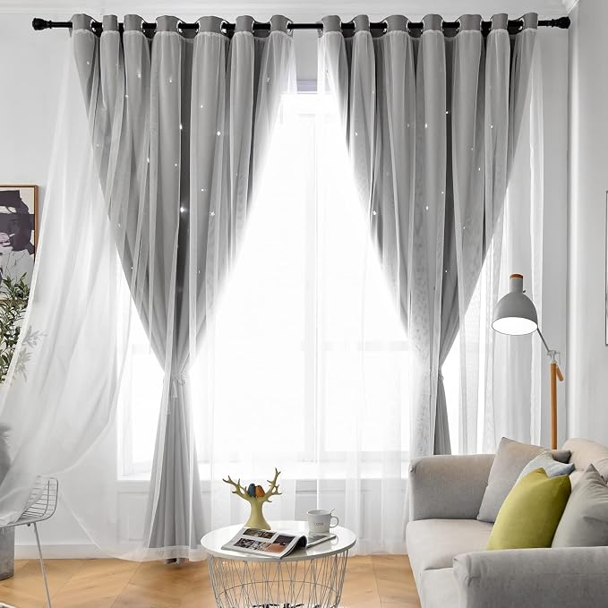 Star Curtains Double Layer Curtains Blackout Curtains for Bedroom Kids Curtains Cute Curtains, Curtains 63 Inches Long 2 Panels Set, Grey Curtains, 42 X 63 Inches