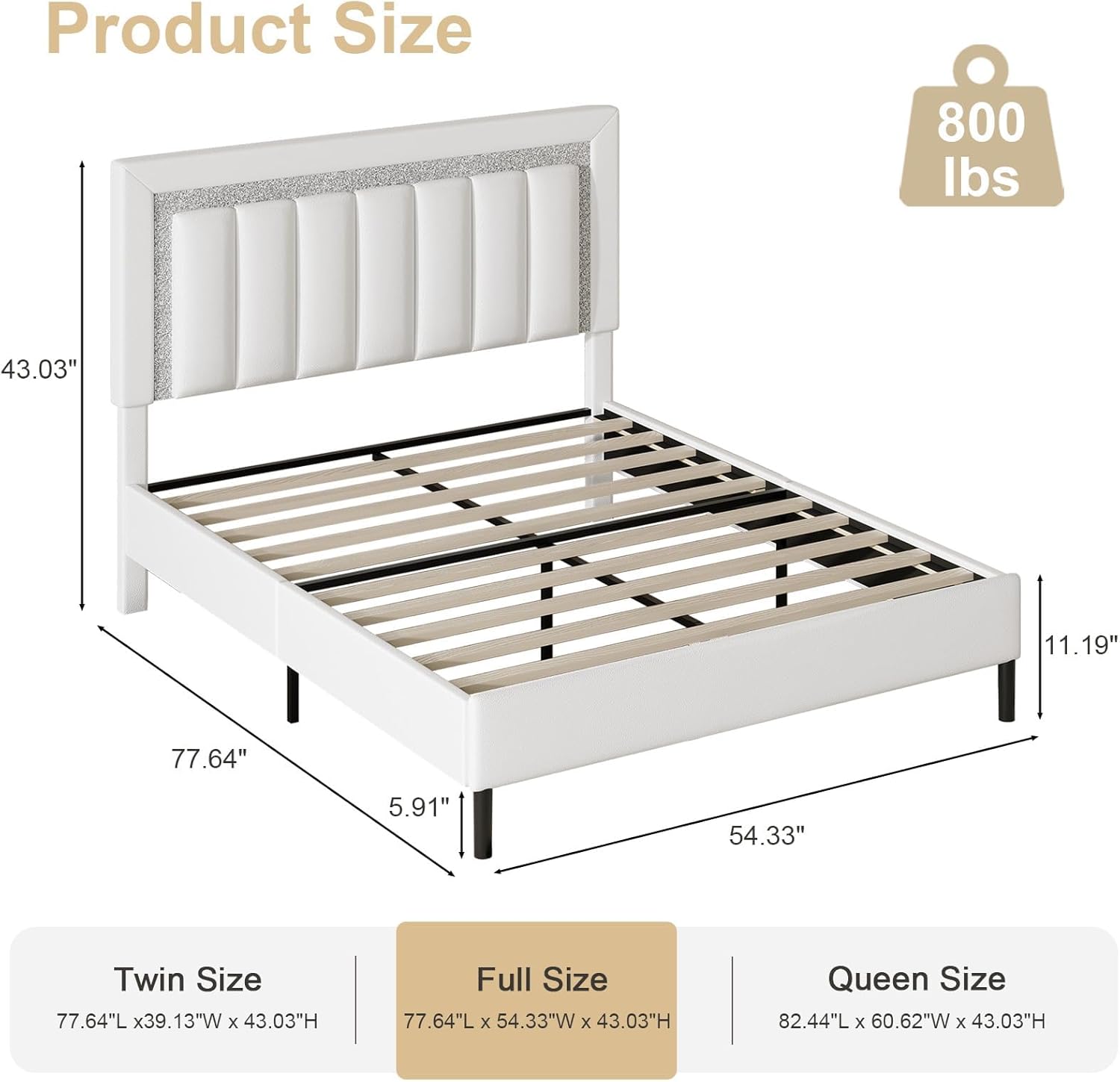 HOMBCK Full Bed Frame with Headboard, Bed Frame Full Size with Diamond Vertical Design Headboard, Wood Slats Support, Mattress Foundation, No Box Spring Needed, White