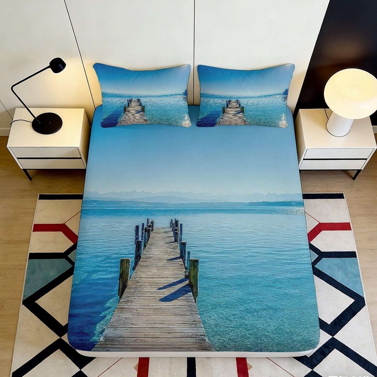 3D Printed Lake View Fitted Sheet Microfiber Deep Pocket Non-Slip Bedroom Bedding Lake Scene Mattress Fitted Cover Washable for Adults Teens 140x200x25cm
