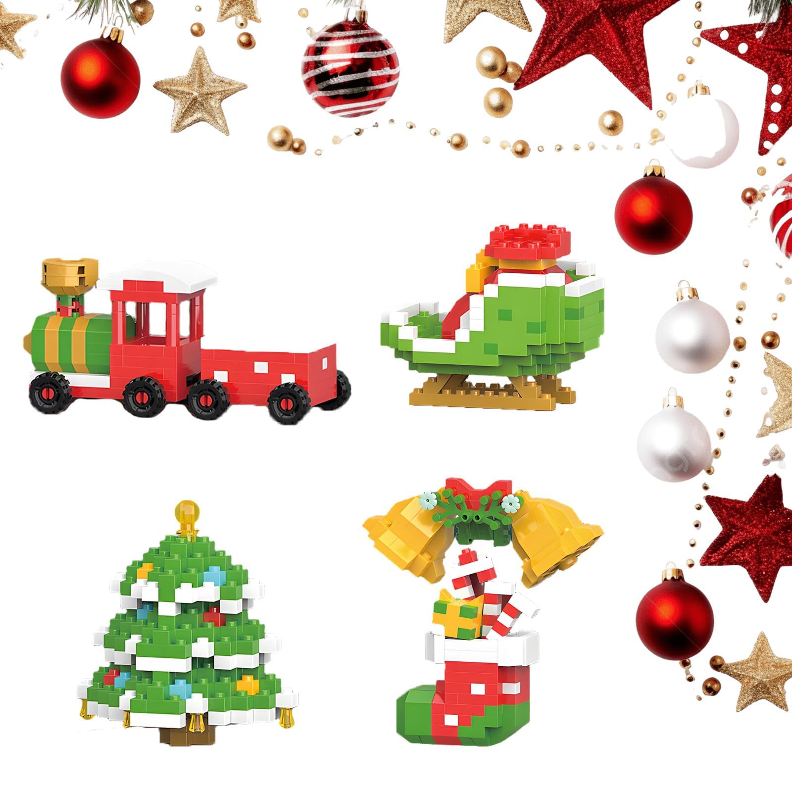 4 Pcs Christmas Building Blocks,Mini Figures,Christmas Element Building Blocks,Holiday DIY Toys Perfect for Adding Festive Charm To Desktops, Shelves Or Fireplaces