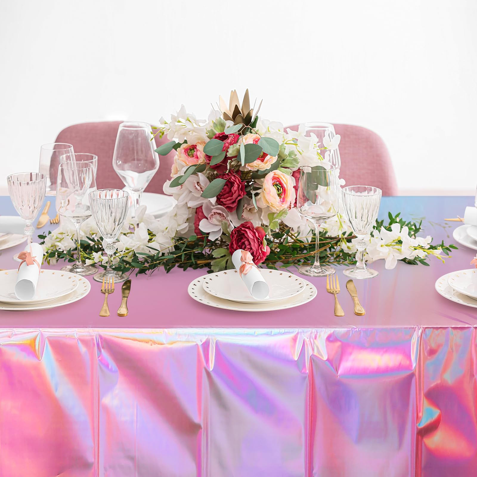 Tovaglie in Plastica Iridescente Olografica, 2 PCS Tovaglia Compleanno Bambina, Lucida per Decorazioni, 137 x 274 cm Tovaglia Rettangolare, per Feste di Compleanno a Tema, Discoteca (Rosa)