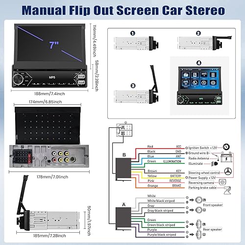 Miniatura 8 de Pantalla táctil de un solo DIN Estéreo de coche de 7 pulgadas con pantalla abatible Radio para coche en la unidad principal del tablero Soporte