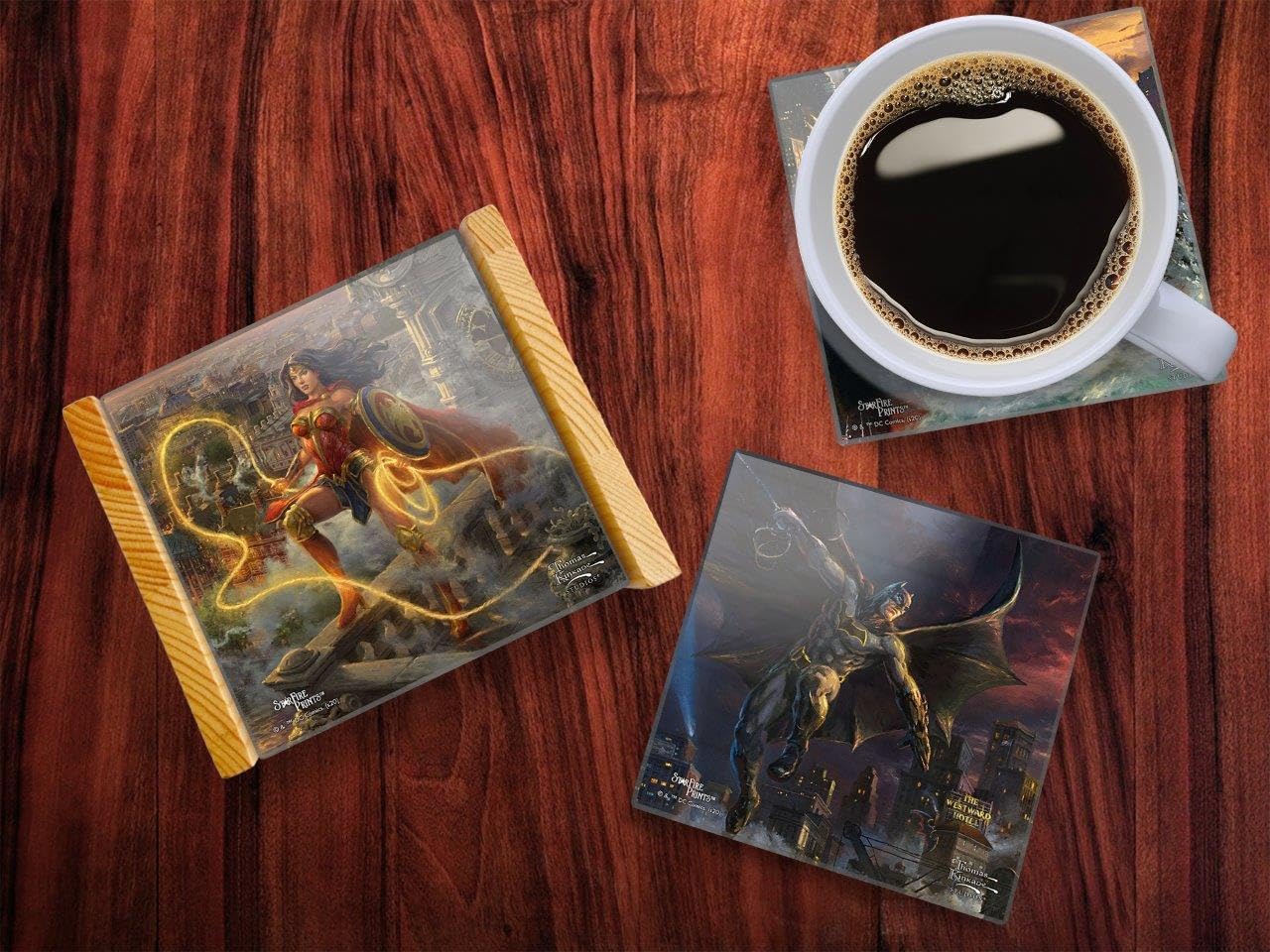 DC Comics – Justice League – Thomas Kinkade –– Set of 4 Glass Coasters –for Gifting and Collecting – Comes with Stylish and Modern Wooden Holder SPCSTR1071