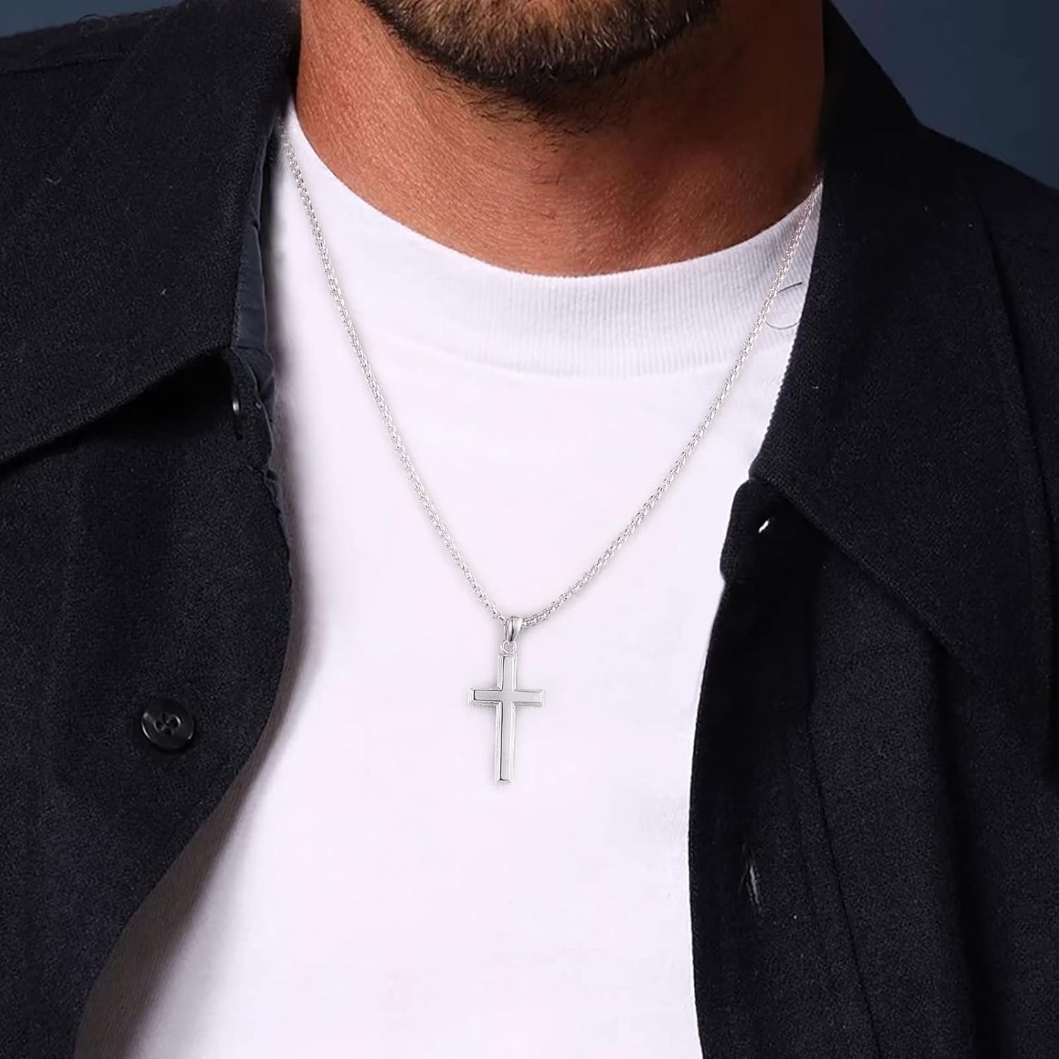 Ursteel S925 Sterling Silver Cross Pendant for Men, 16-22 Inch Box Chain Necklace for Men - Image 2
