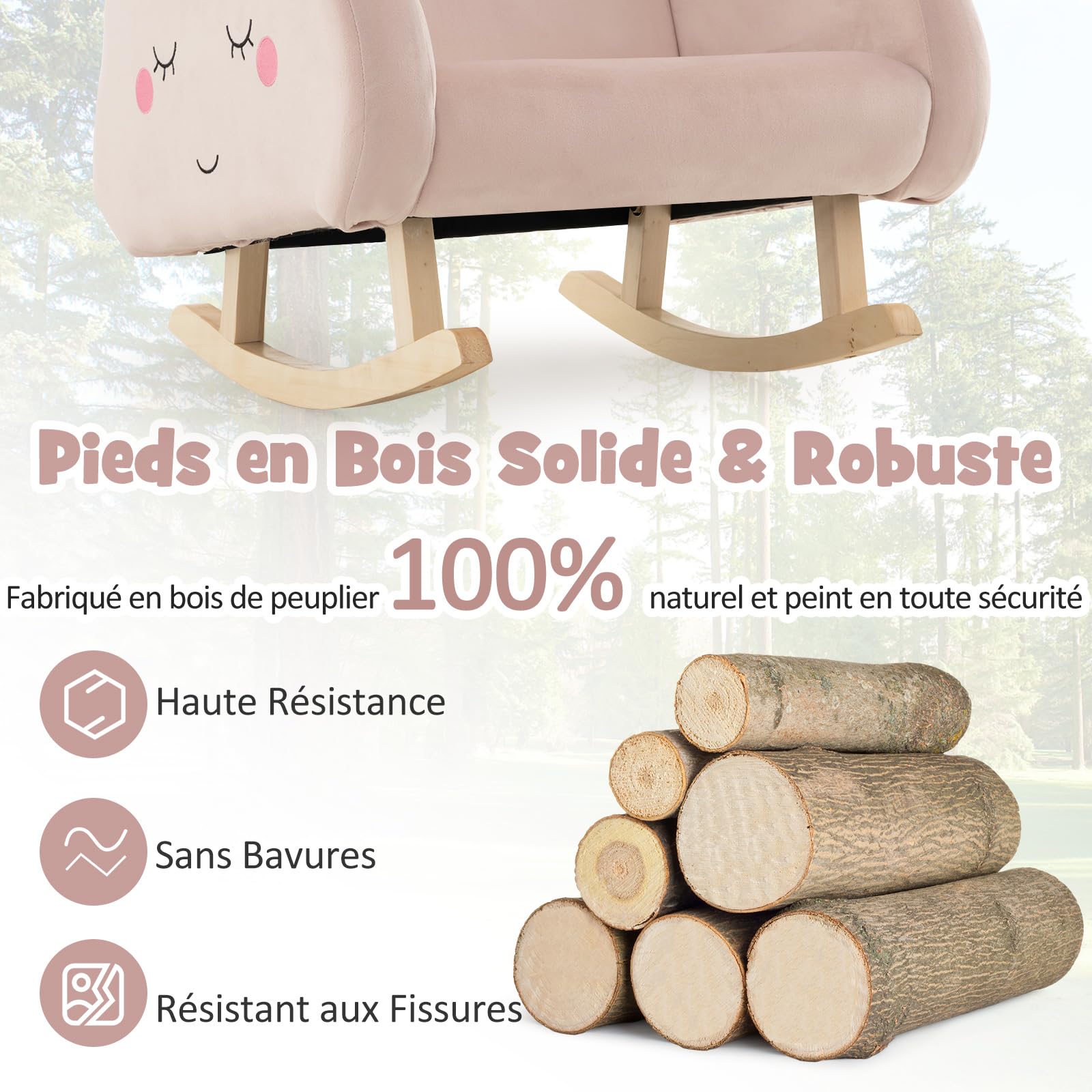 DREAMADE Fauteuil à Bascule Rembourré Enfant 18Mois-5Ans,Mini Canapé à Accoudoirs en Velours avec Pieds en Bois Massif, Anti-basculement pour Chambre,Salon,Charge 50KG (Rose)