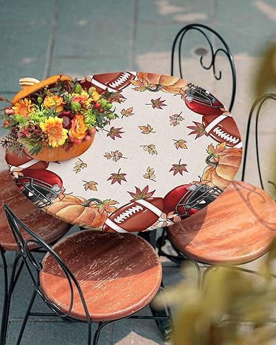 Mantel ajustado con casco de rugby de otoño, Acción de Gracias, con diseño de calabaza, para mesa redonda, hojas de arce de otoño con borde
