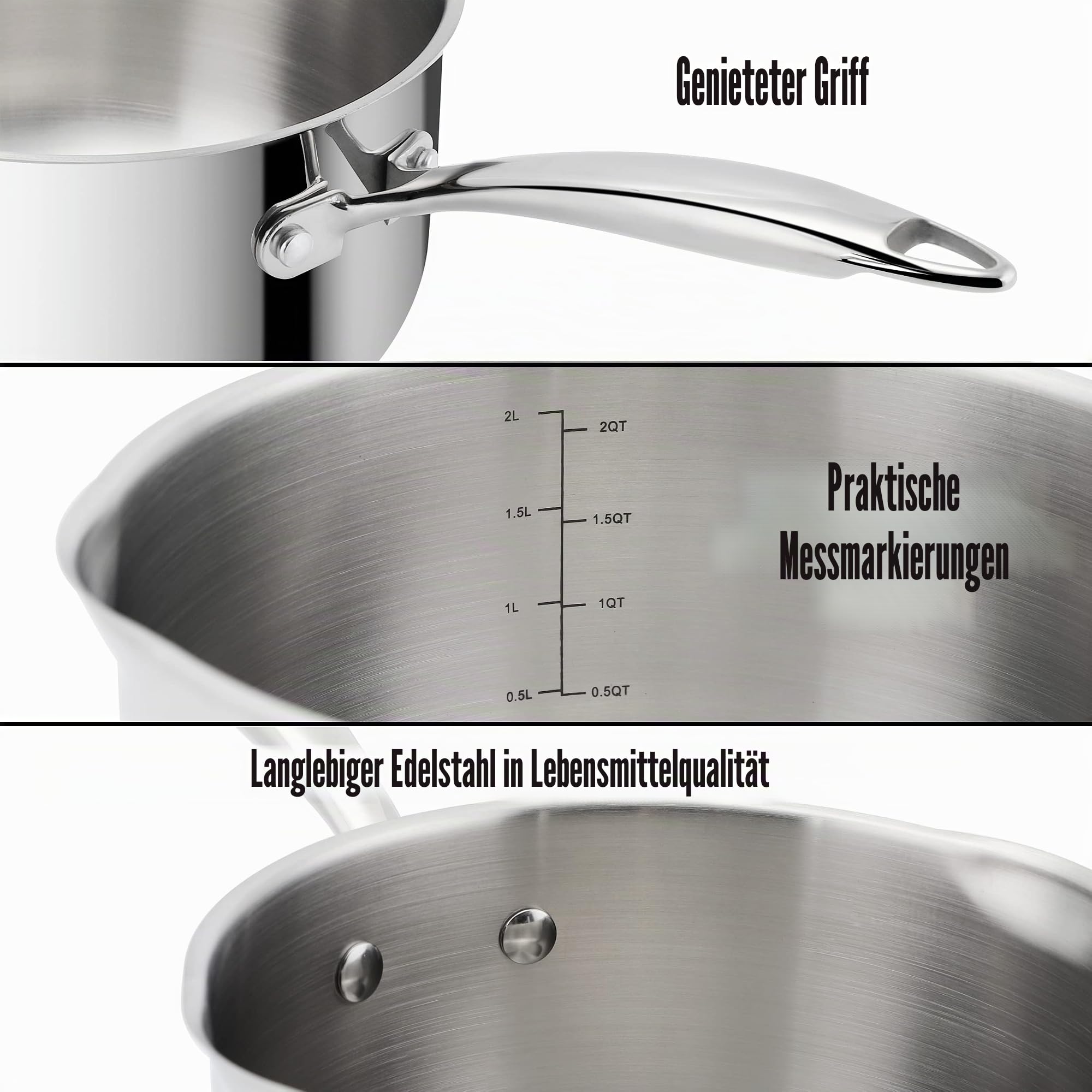 Stielkasserolle 2,4L Edelstahl 18/8 mit Deckel, Kochtopf ohne Beschichtung mit Abgießfunktion, für alle Herdarten geeignet inklusive Induktion, Saucenpfanne mit ergonomischem Edelstahlgriff