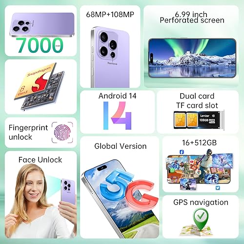 Miniatura 2 de Huness 16PROMA X - Teléfono celular desbloqueado, pantalla HD de 6.99 pulgadas, Android 14 de 16+512 GB con tarjeta de memoria de 128 GB,