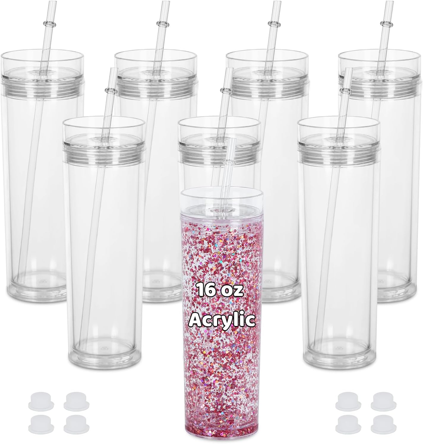 16 Oz Acrylic Snowglobe Tumbler, 8 Pack Pre-Drilled Double Wall Plastic Skinny Snowglobe Cup for Glitter Snow Globe DIY