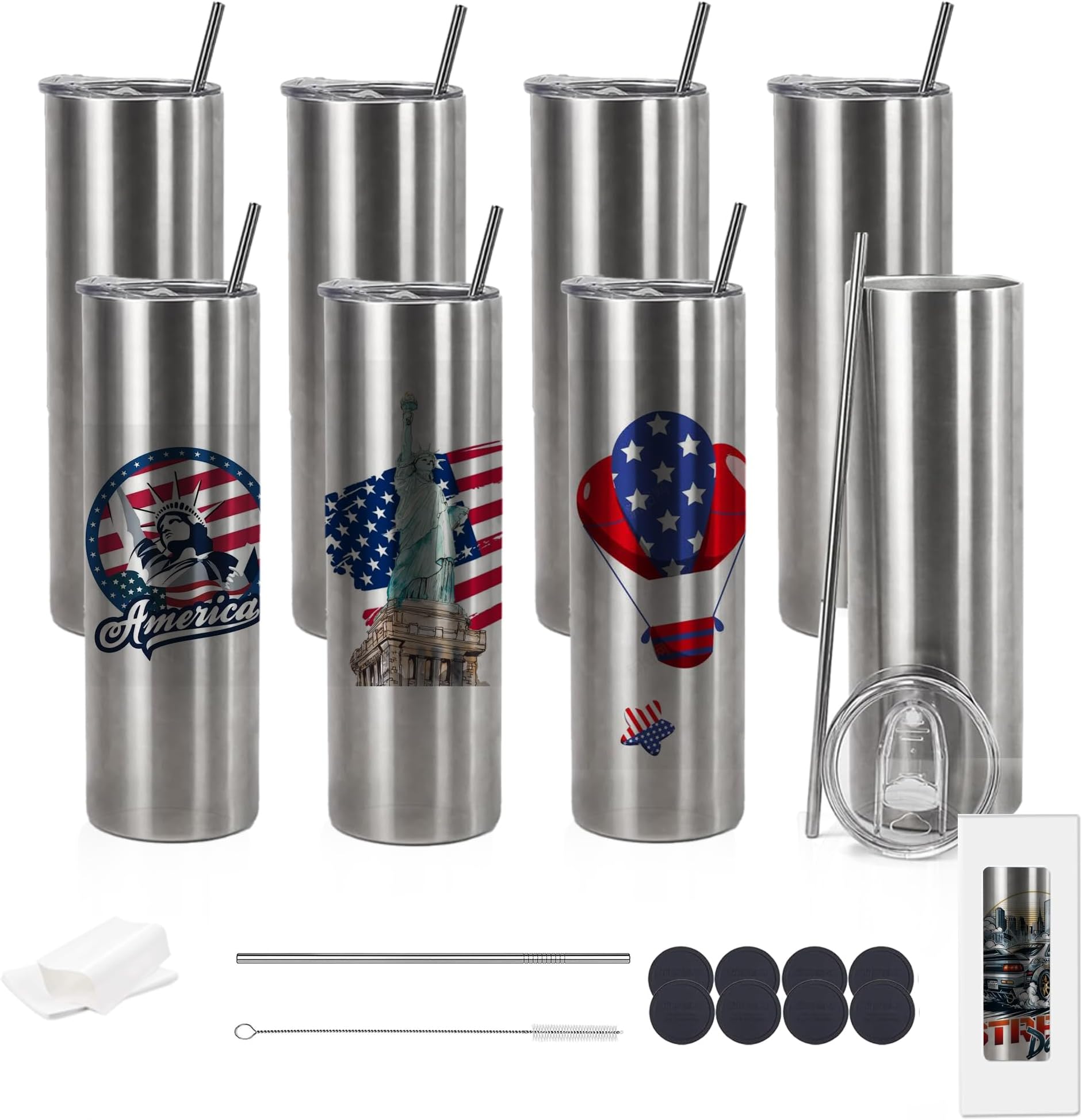 20oz Flat edge sublimation tumblers ，Sliver skinny insulated Sublimation tumbler Straight Cups with Individual Gift Box, Silicone Bottom Polymer Coating for Heat Transfer (8, silver)