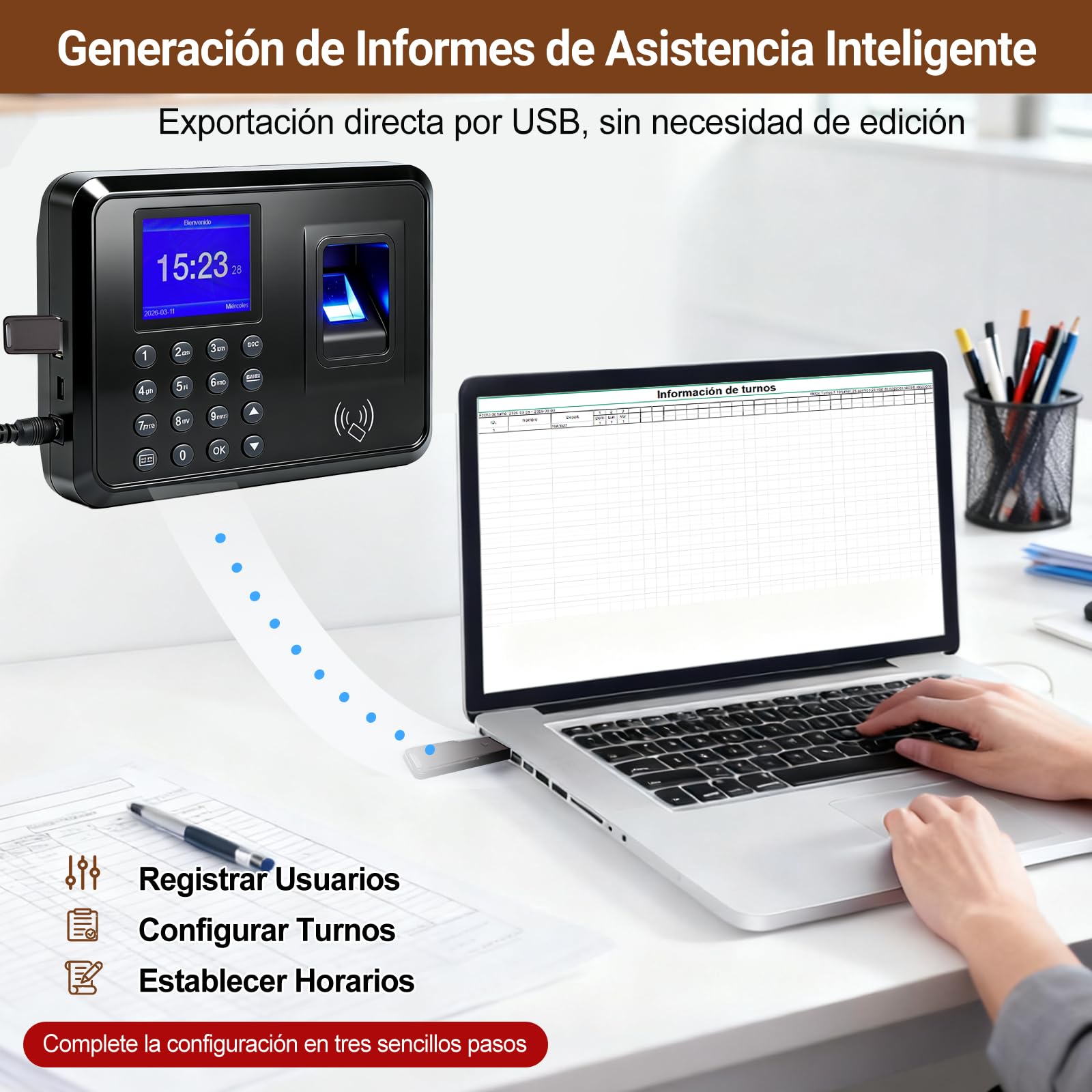 Reloj de Fichar Biométrico 3 en 1 – Control Horario con Huella Dactilar, Tarjeta RFID y Código PIN – Máquina de Asistencia para Pequeñas Empresas, Sin Internet, 10 Tarjetas Incluidas, Español