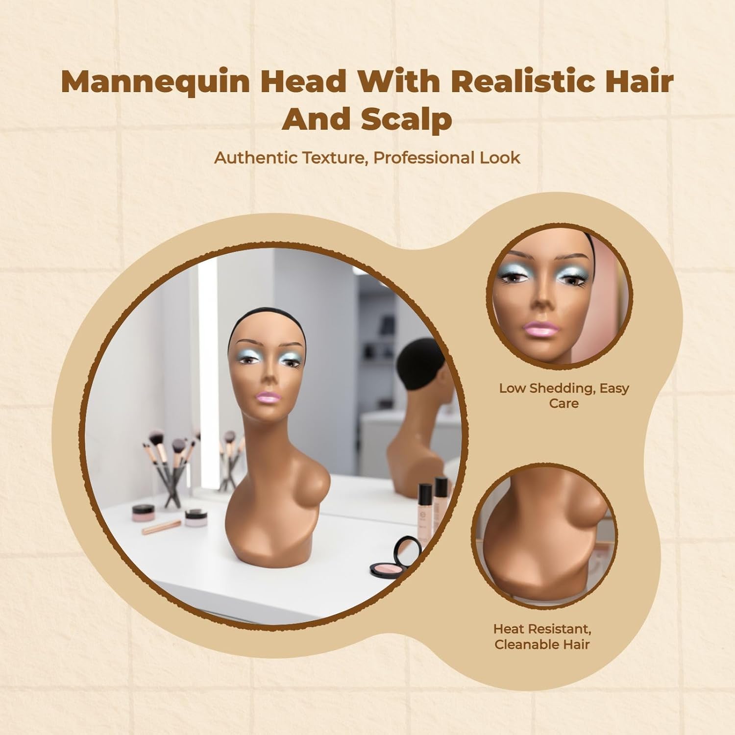 Generic Female Wig Stand Mannequin Head, Style D, Adult, Half Length, Height: 48cm (18.90inch), Head Circumference: 53cm (20.87inch), Polypropylene (PP) Material