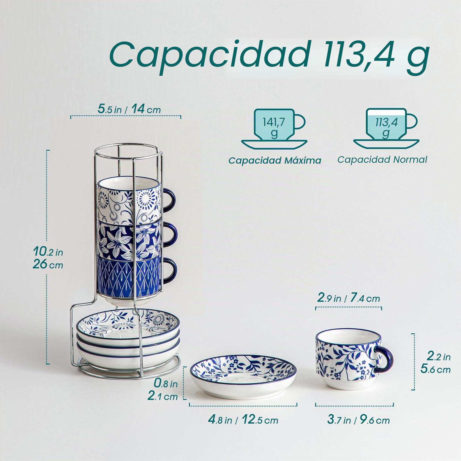 vancasso SELENE - Juego de Tazas de Café y Desayuno con Plato y Soportes - 4 x 150 ml - Tazas de Porcelana Para Té, Capuchino, Leche, Avena, Apto Lavavajillas y Microondas - Vintage en Azul y Blanco