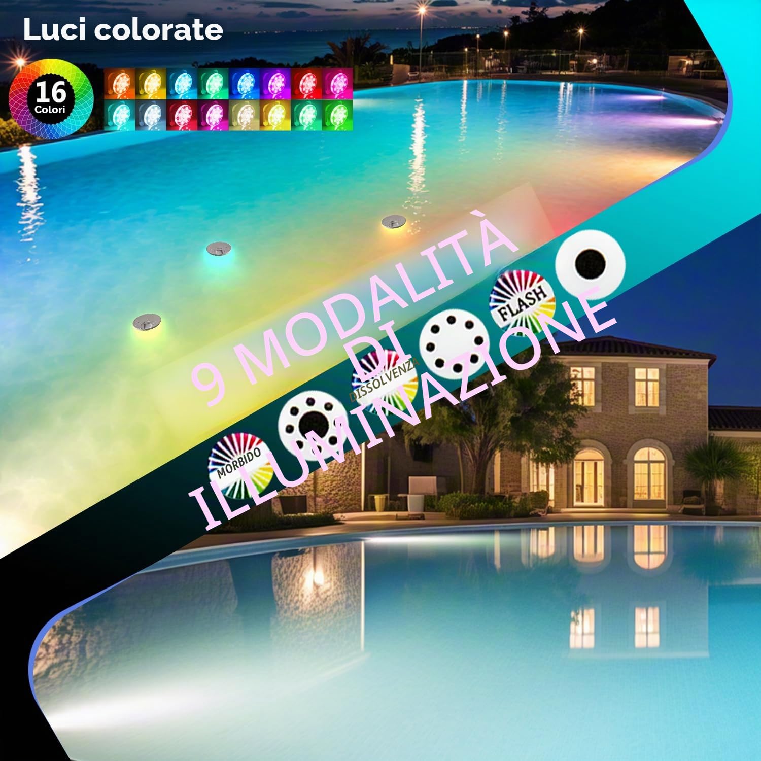 Idyl Light Luci sommergibili ricaricabili per piscina, con telecomando e funzionamento a batteria, LED colori vari, magnetizzate, luci galleggianti