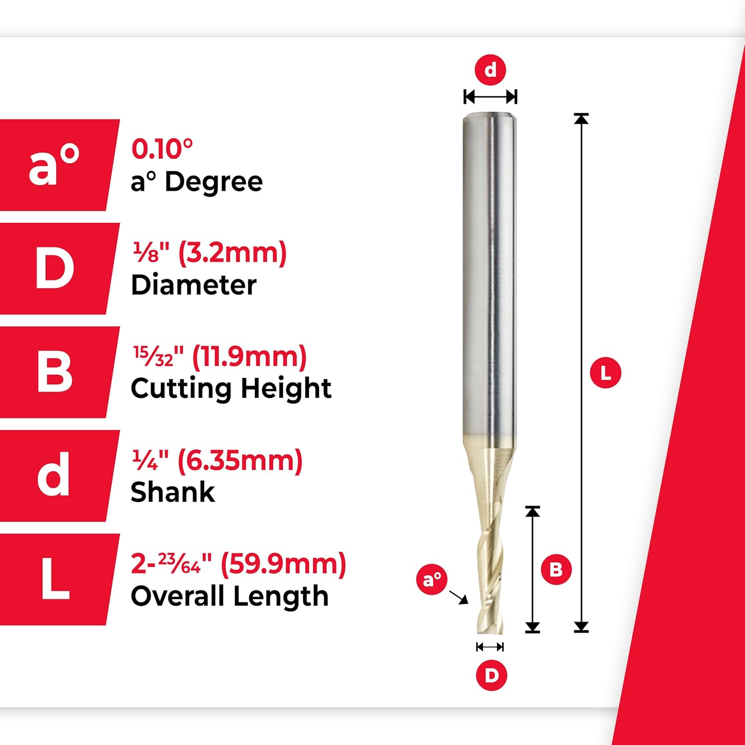 Amana Tool CNC Router Bits for 2D/3D Carving Flat Bottom, ZrN Coated, 46254, 0.10 Deg Angle x 1/8 Dia x 15/32 x 1/4 Shank x 2-23/64 Inch Long x 2 Fl