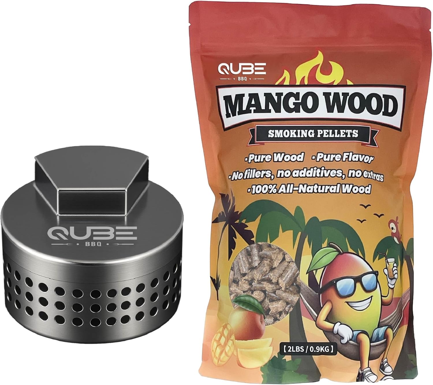 Smoker Box & Mango Wood Smoking Pellets | Compact 304 Stainless Steel Smoke Box + Exotic Fruitwood Flavor | Sweet Tropical BBQ Smoke for Gas, Charcoal, Pellet & Ninja Woodfire Grills