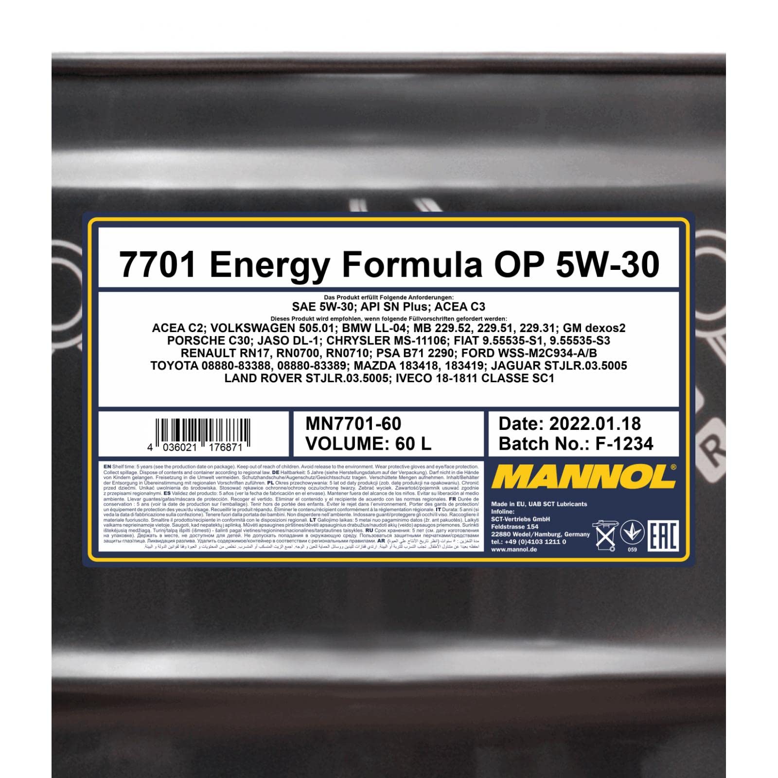 MANNOL Aceite de motor 5W-30 Energy ACEA C2 ACEA C3 API SP Formula OP 60L Compatible con VW Polo V Hatchback 6R1, 6C1 Golf 7 Hatchback 5G1, BQ1, BE1, BE2, PEUGEOT 208 I Hatchback CA, CC, TOYOTA, OPEL