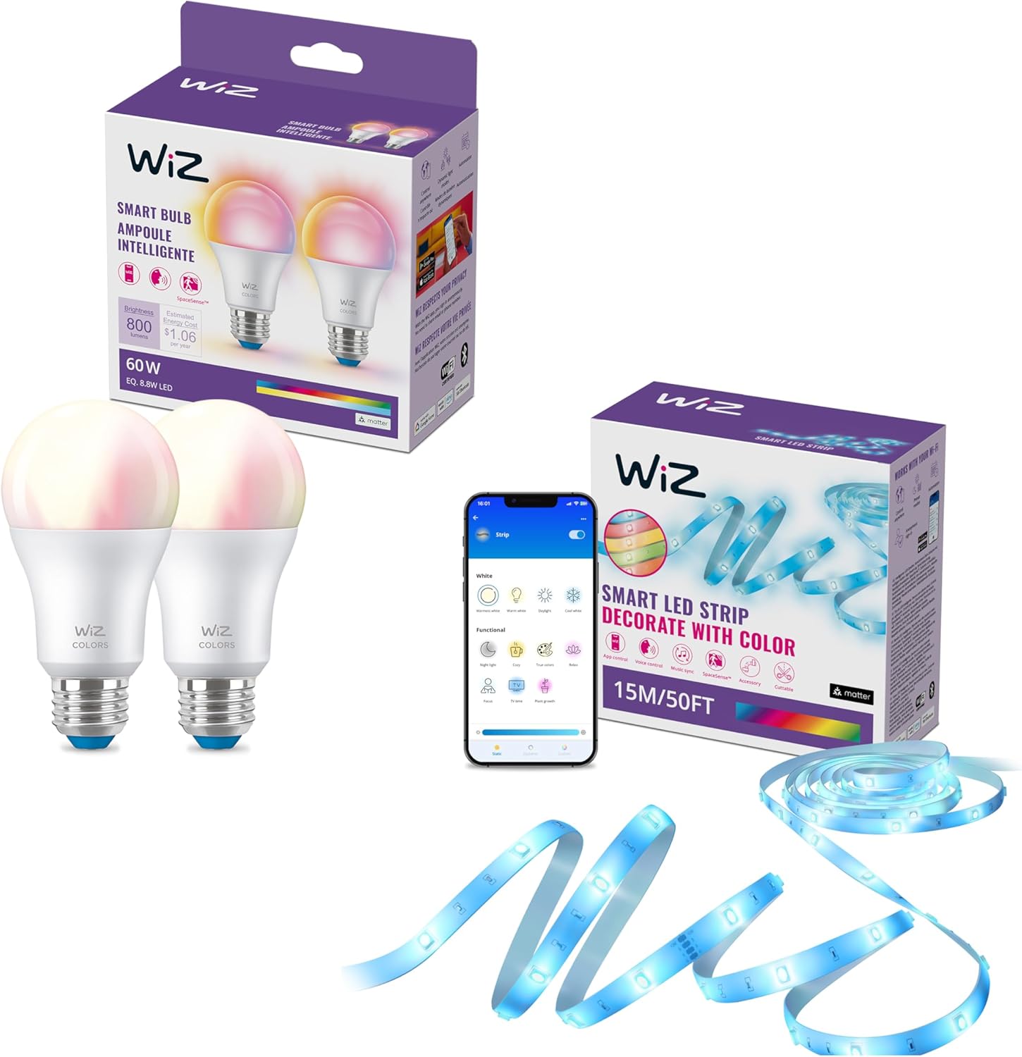 WiZ Connected - Bundle - RGB LED Strip 15m Plus 2 60W A19 Color Bulbs - Control with Voice or App + Activate with Motion - Matter Compatible
