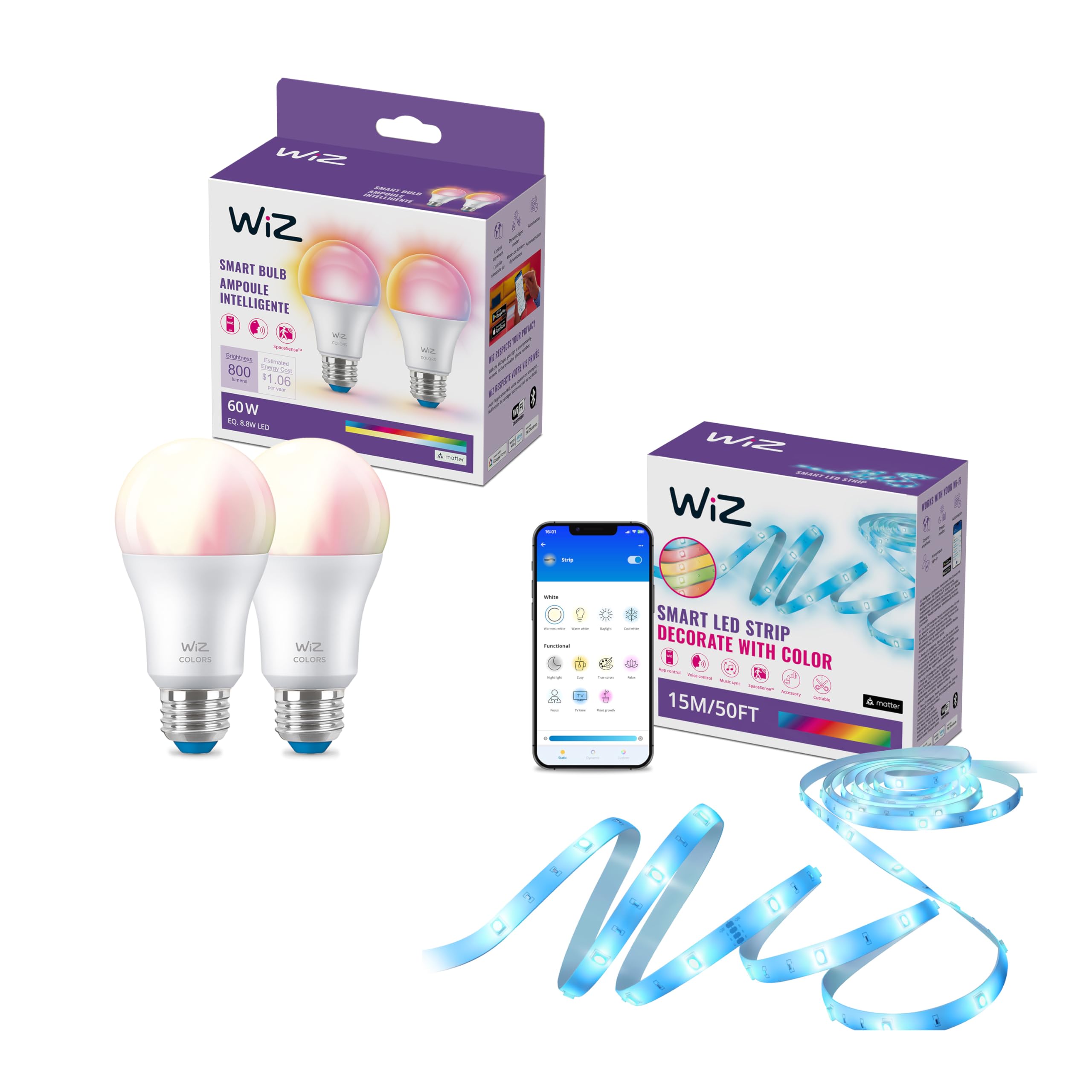 WiZ - Bundle - RGB LED Strip 15m Plus 2 60W A19 Color Bulbs - Control with Voice or App + Activate with Motion - Matter Compatible