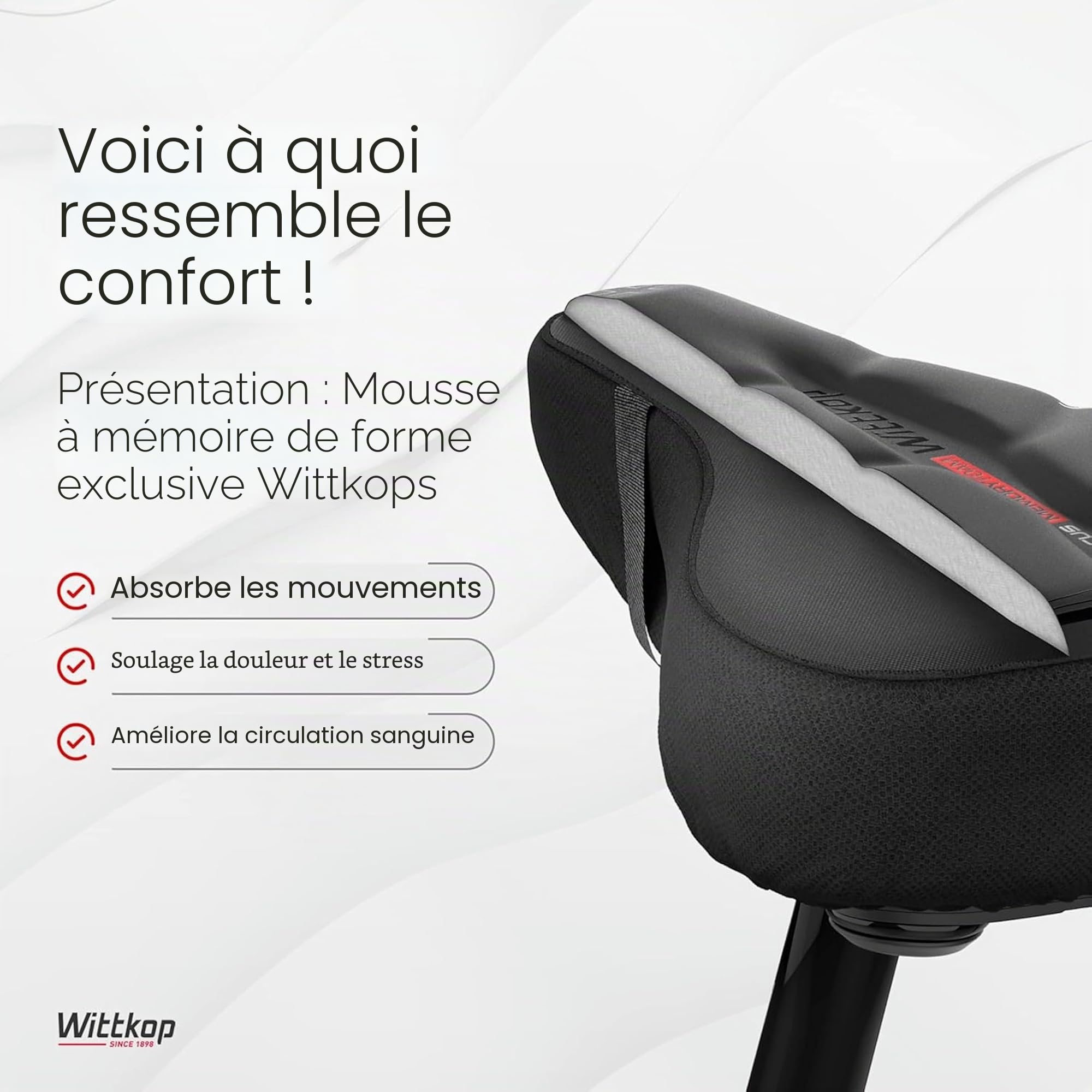 WITTKOP Coussin de Selle de vélo en Mousse à mémoire de Forme Confortable I Housse de Selle de vélo pour Hommes et Femmes avec Concept Ergonomique à 3 Zones