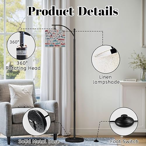 Miniatura 6 de Arc Floor Lamp Colorful Collection Vehicles Cars Bikes Planes Boats Trains Red White Dimmable Modern Standing Lamp with Remote Adjustable Drum Shade