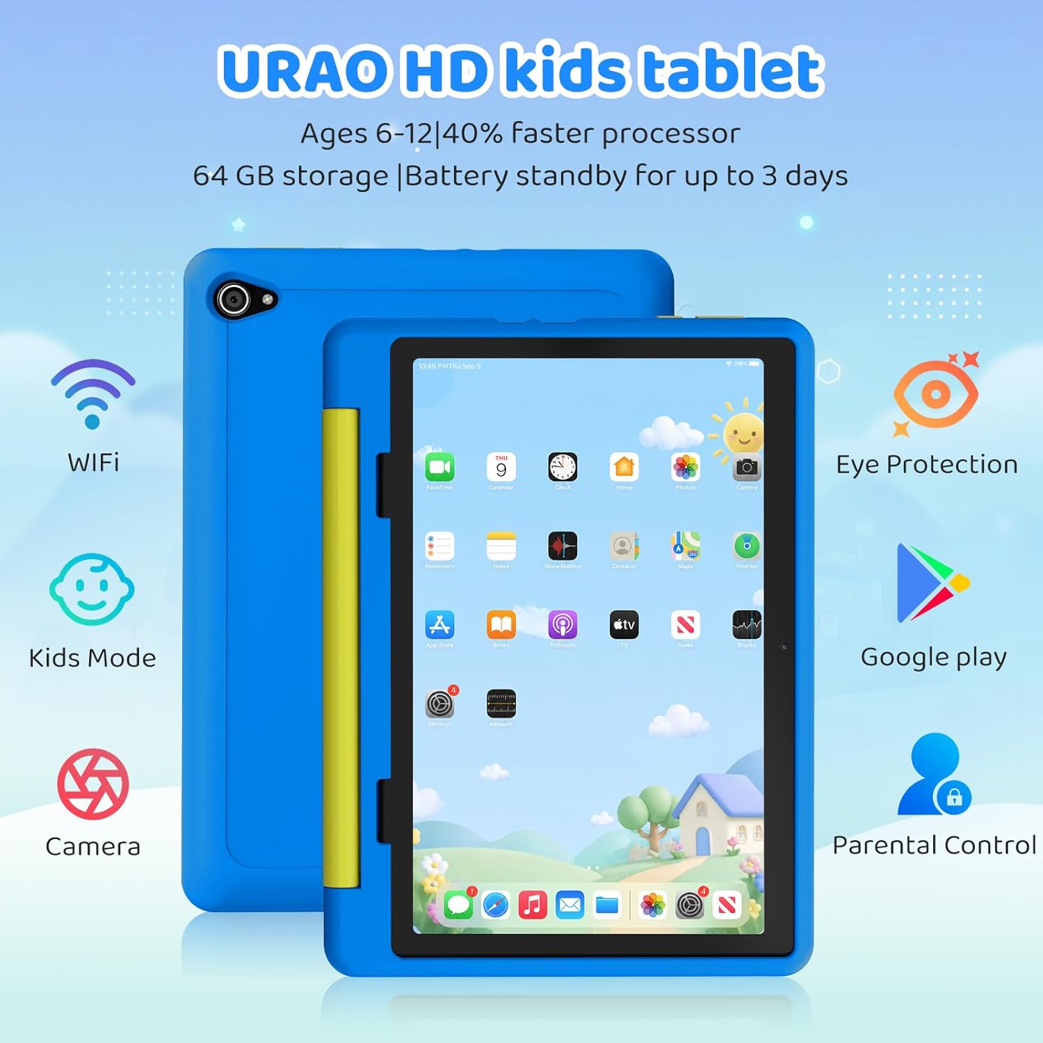Urao Kids Tablet, Android 16 Tablet for Kids 10 inch with Case, 20GB RAM 64GB ROM 1TB TF Card Expandable for Toddler Children, Parental Control, Dual Camera, WiFi,Gift