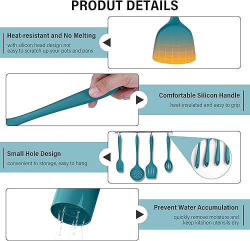 Miniatura 4 de HaWare Juego de 11 utensilios de cocina de silicona, resistentes al calor, con soporte, espátula de grado alimenticio para utensilios de cocina
