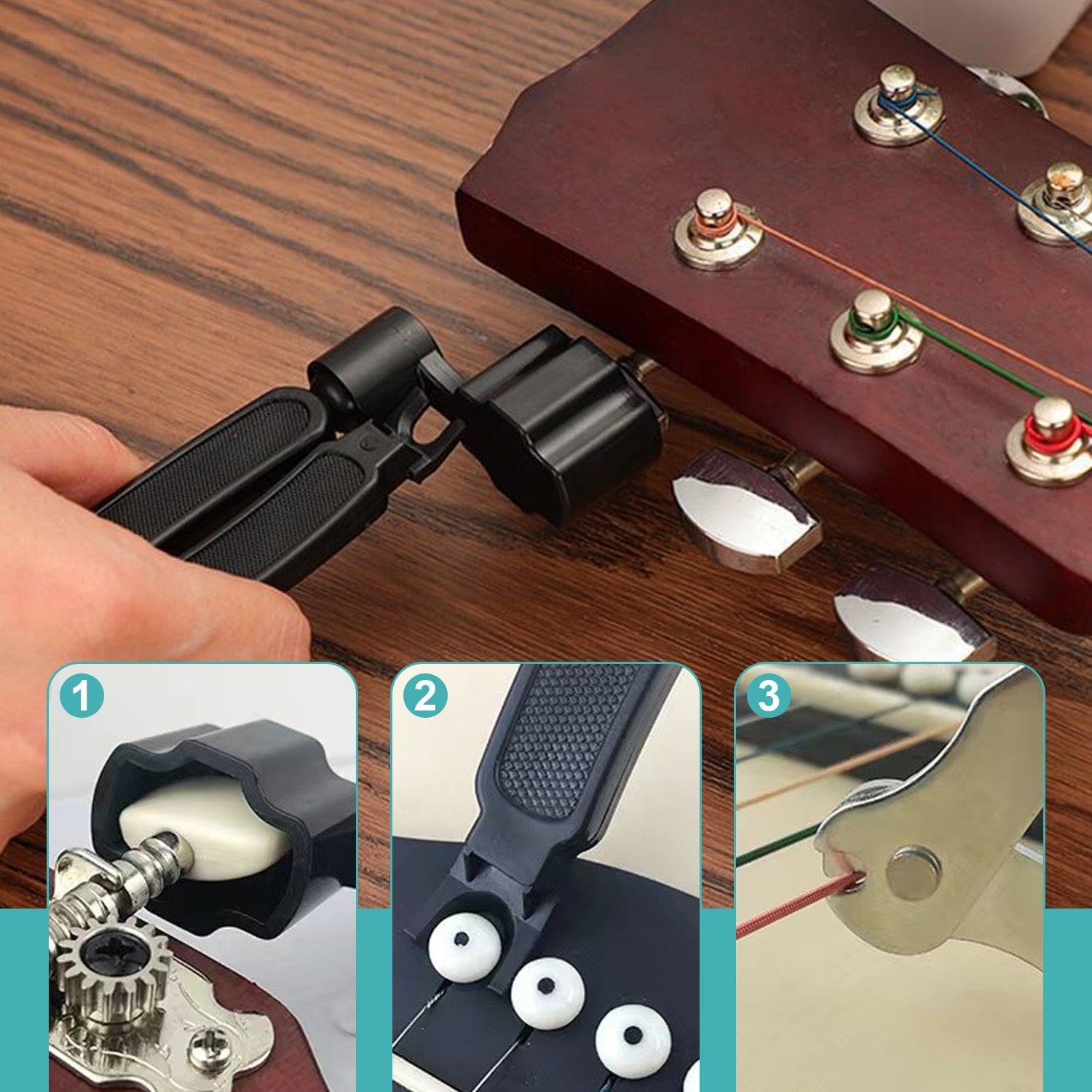 1 Tre-in-One String Changer E 1 Metallo QIN Clip, Chitarra Accessori di Riparazione, Ponte Pin Estrattore, Multi-Funzione String Changer.