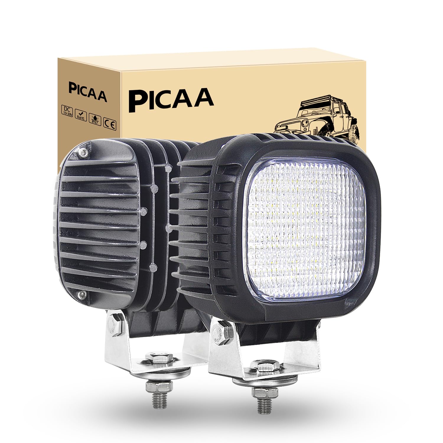 PICAA Reflektor roboczy LED, 40 W, 12 V, 24 V, 6000 K, białe, IP67, wodoodporne światła terenowe, do jazdy samochodem, do ciężarówek, łodzi, motocykli, SUV, ATV, UTV, samochodu, 4 x 4 (2 sztuki)