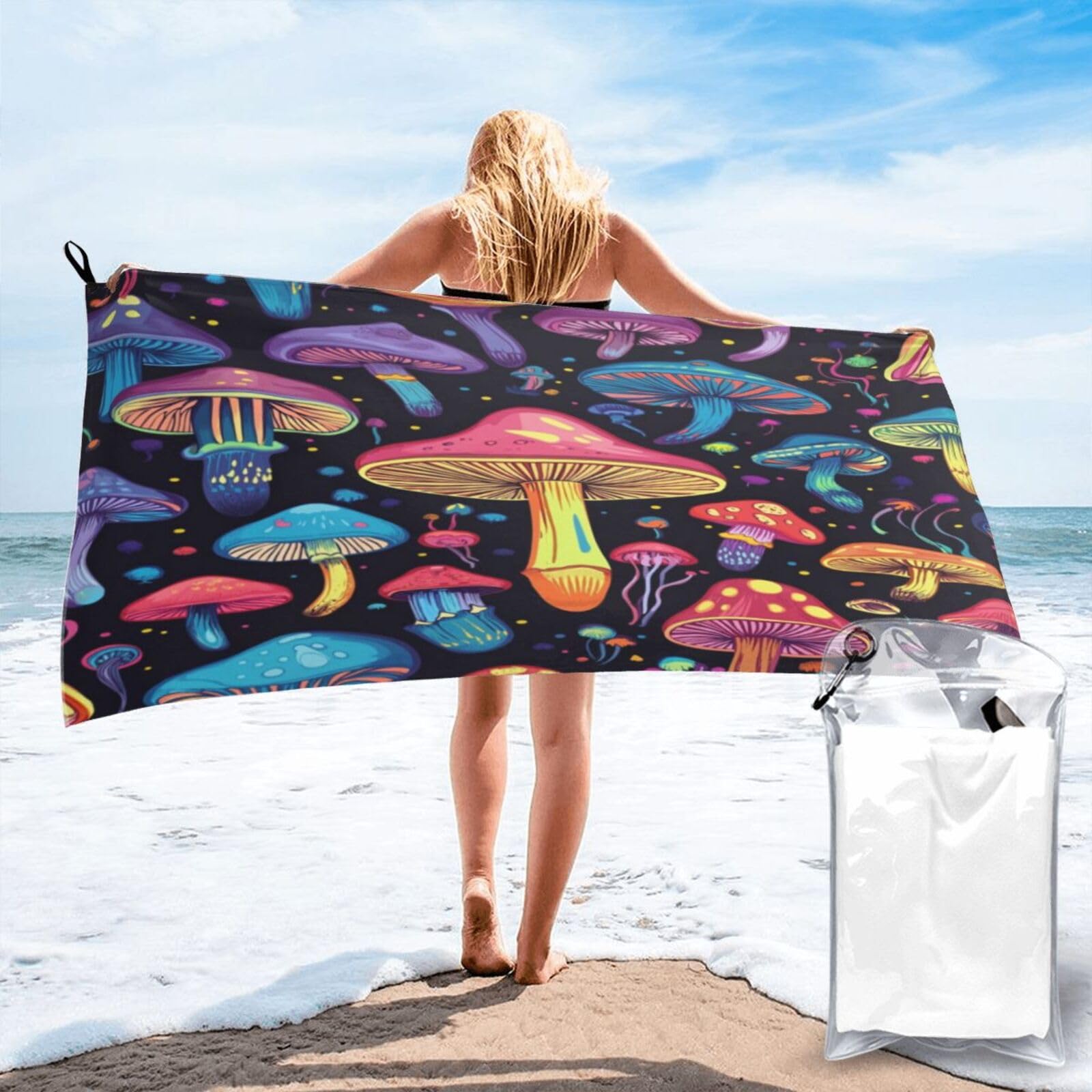 Anceky Vibrant Mushroom Pattern Digital Artwork Quick Dry Microfiber Travel Towel with Carry Case and Carabiner 27.5"X55"