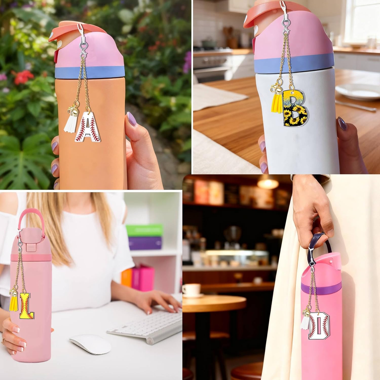 Softball Baseball Sunflower Initial Keychain Charm Compatible for Stanley Owala 24oz 32oz 40oz Water Bottle Accessorie