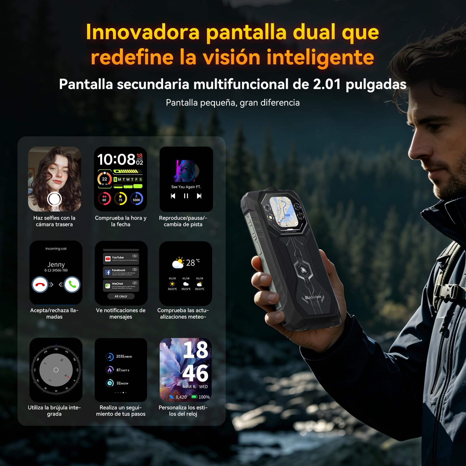 Blackview Rock 1 Android 16 Móvil Resistente 15000mAh, Móvil Irrompible para Aventureros y Senderismo, Doble Pantalla, 24GB+256GB, Visión Nocturna 20MP, Gemini AI, NFC, 3 Años de Garantía
