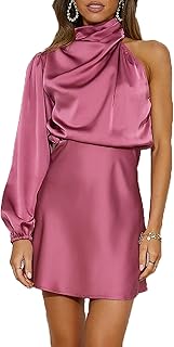 Women's Satin Long Sleeve One Shoulder Mini Dress Silk One Sleeve Turtle...