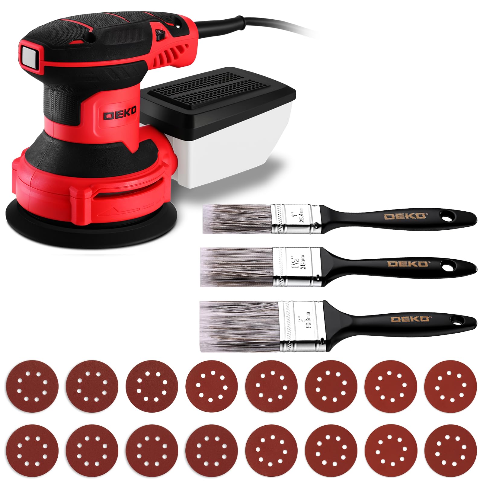 DEKOPRO Ponceuse Excentrique 300W - Ponceuse Electrique 125mm, 6 Vitesses, 14000RPM, Papier Abrasif 16 Pièces, Collecteur de Poussière, Trois Pinceau Plats, pour Surfaces en Bois et Acier, Rouge