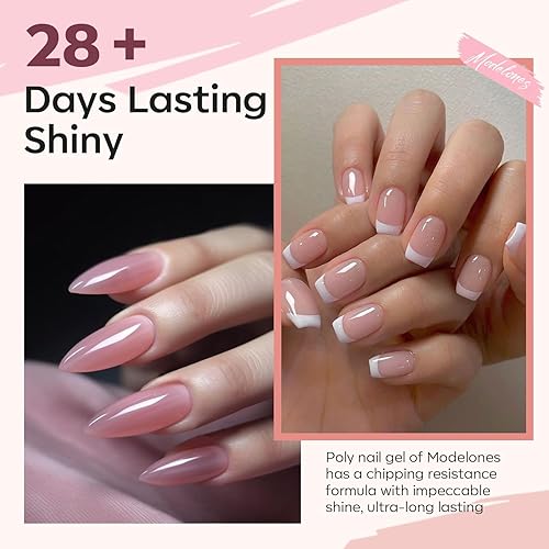 Miniatura 20 de Modelones Kit de gel de uñas de polietileno, gel de extensión de gel nude, blanco, colores franceses con lámpara de uñas, solución deslizante