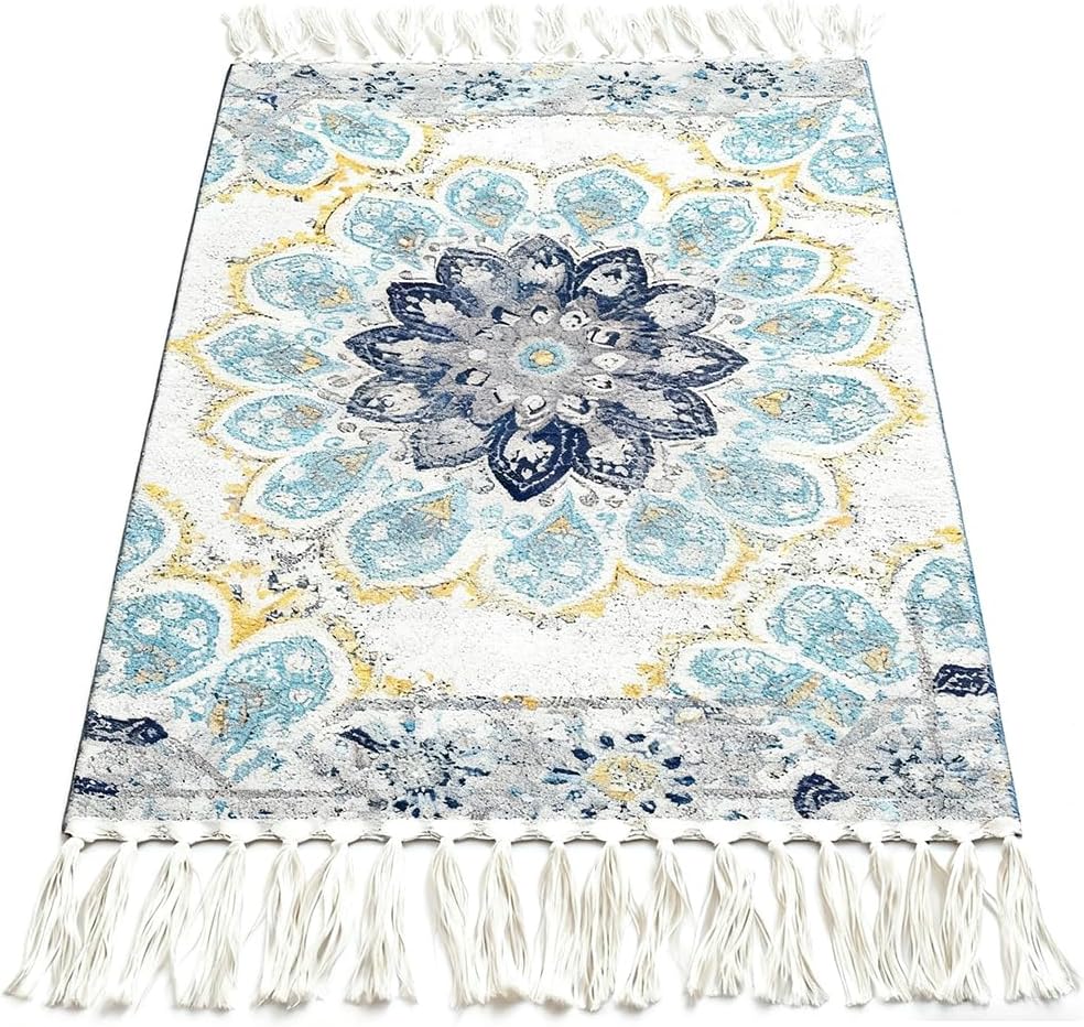 Tassel Carpet, Small Area Rug for Sofa, Washable Boho Entry Rug for Bedroom, Living Room Low-Polyester Cotton Rectangular Mat 50cmx80cm（19.7''x31.5''） 1 Pcs Blue